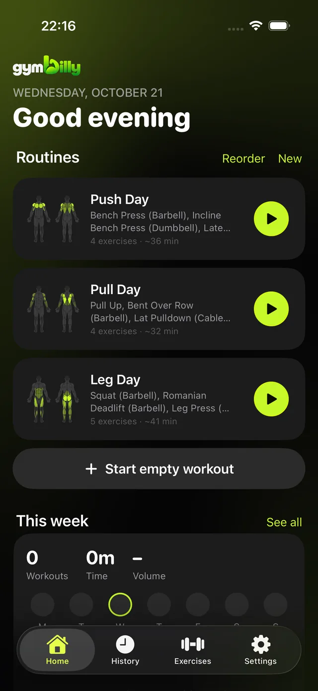 Gymbilly home screen with routines and the training week