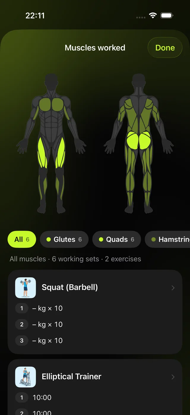 Workout summary with a muscle map of the trained muscles