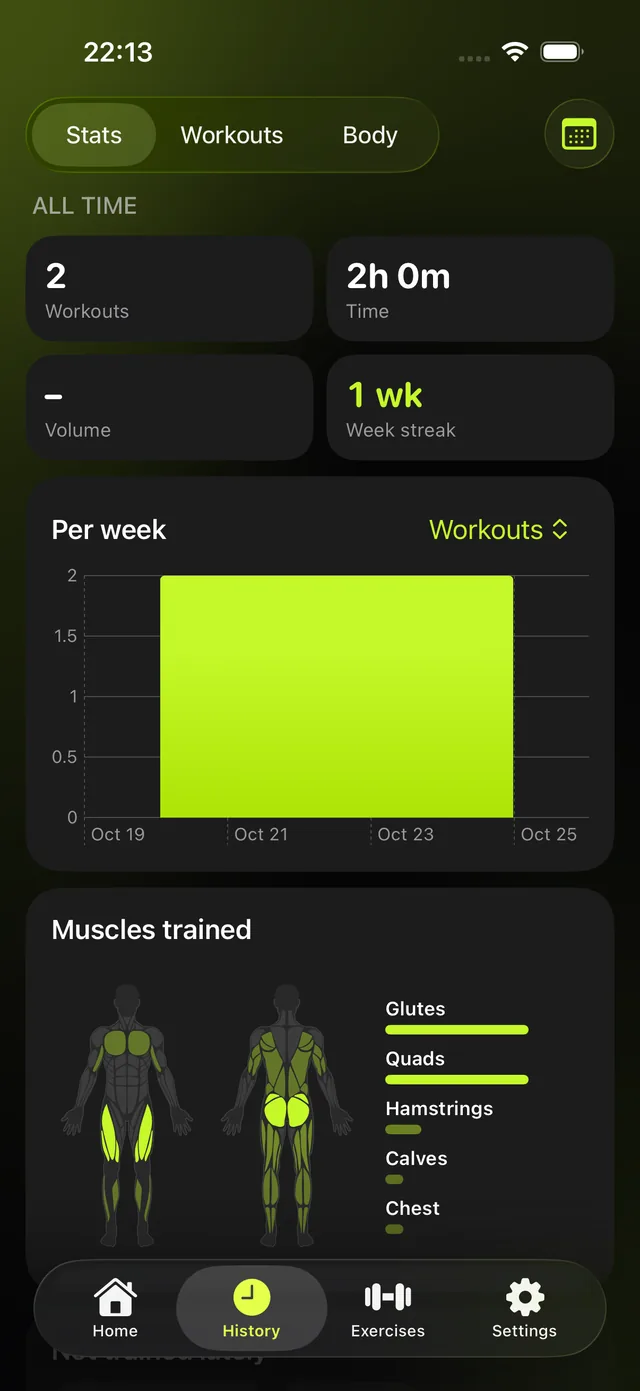 Stats with workouts, volume and exercise progress