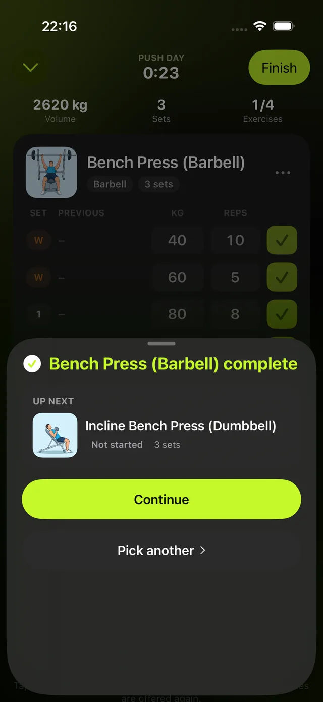 Up next list showing skipped and remaining exercises
